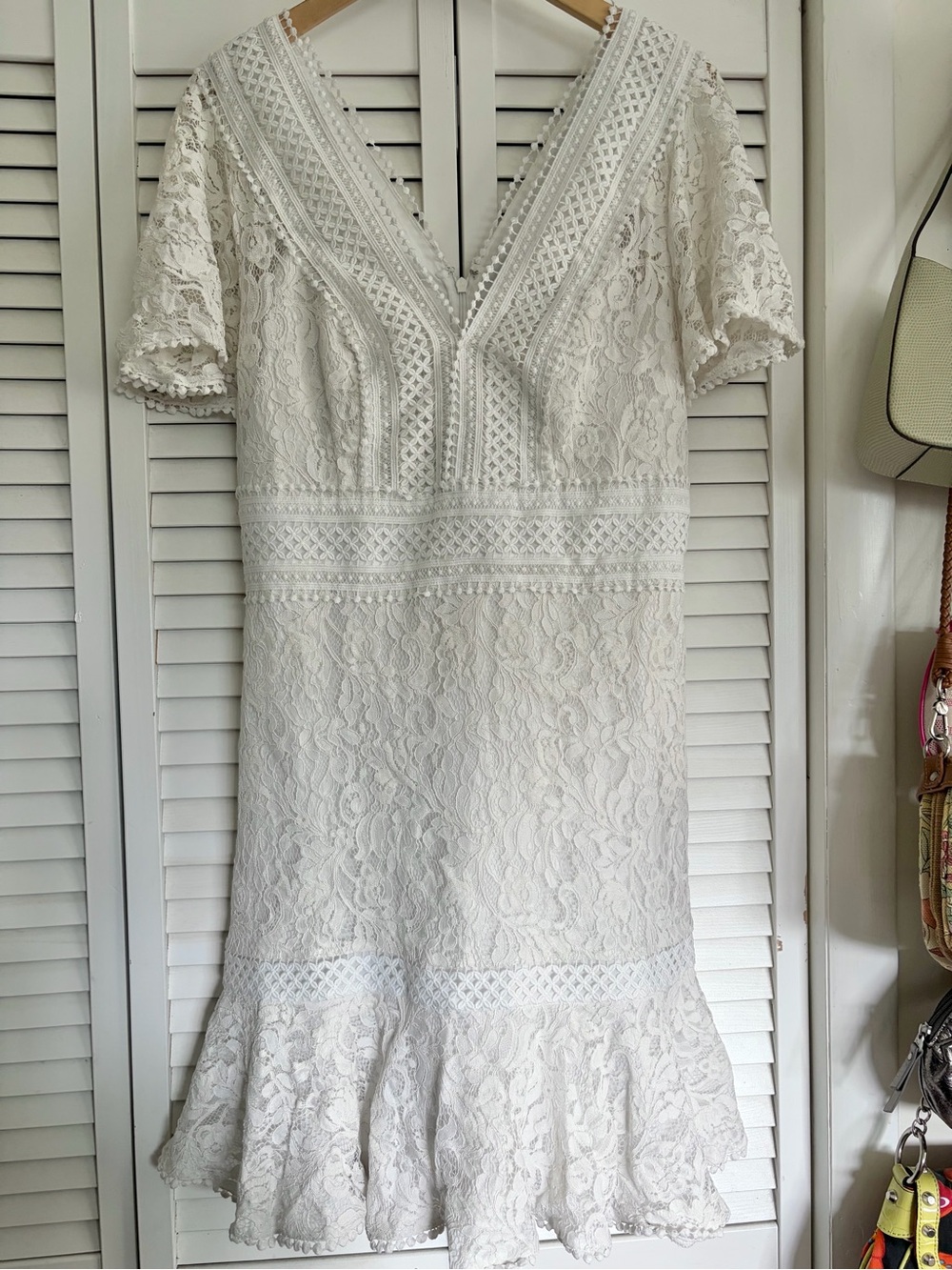 Eliza J White Lace V-Neck Flutter Sleeve Dress